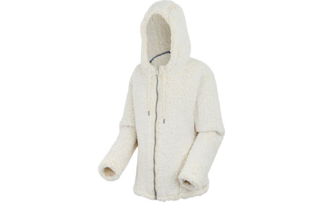 Weiße Kapuzenjacke mit Reißverschluss und Taschen, auf weißem Hintergrund