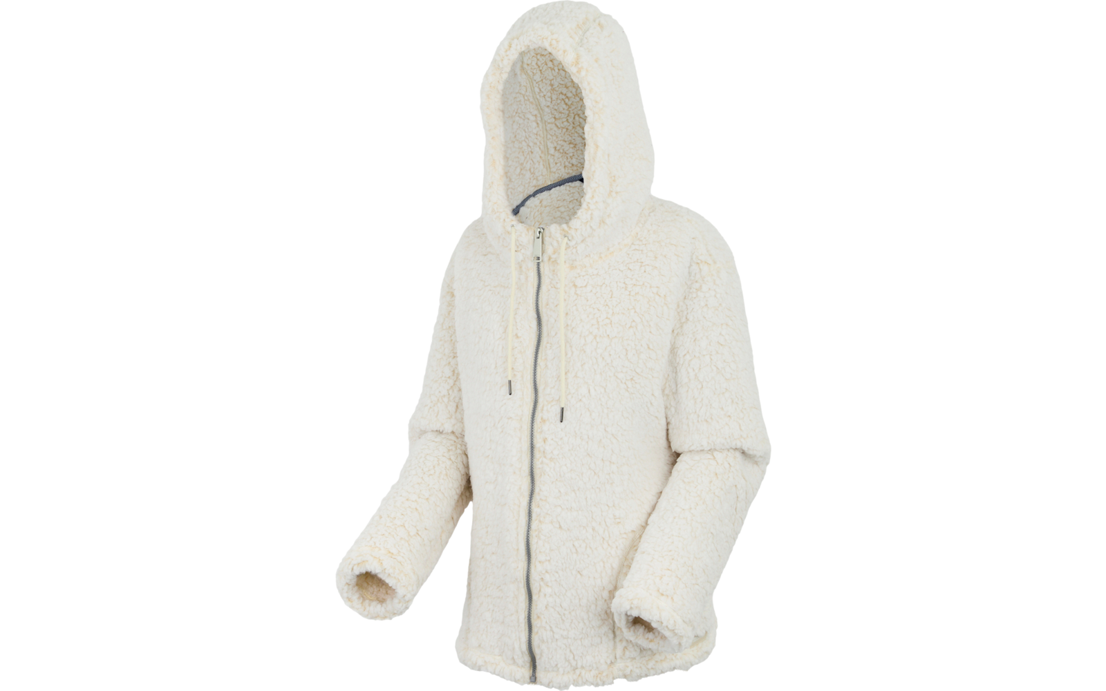 Weiße Kapuzenjacke mit Reißverschluss und Taschen, auf weißem Hintergrund