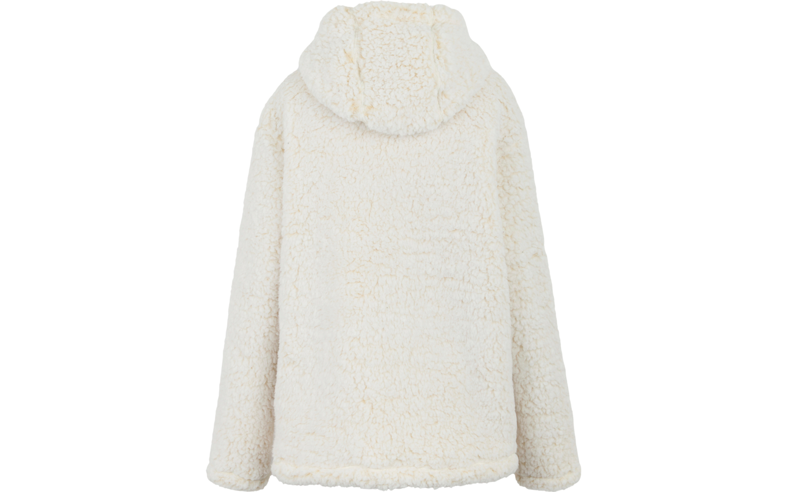 Weißer, flauschiger Kapuzenpullover von hinten