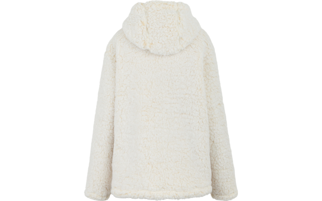 Weißer, flauschiger Kapuzenpullover von hinten