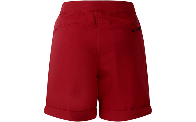 Rote Shorts, Rückansicht, umgeschlagener Saum, kleine Reißverschlusstasche hinten, breiter Taillenbund mit Naht, mittige Rückennaht