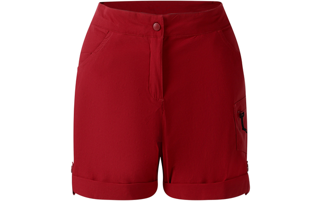 Rote kurze Shorts mit umgeschlagenen Beinsäumen, zwei vorderen Taschen, einer seitlichen Reißverschlusstasche und einem vorderen Knopf