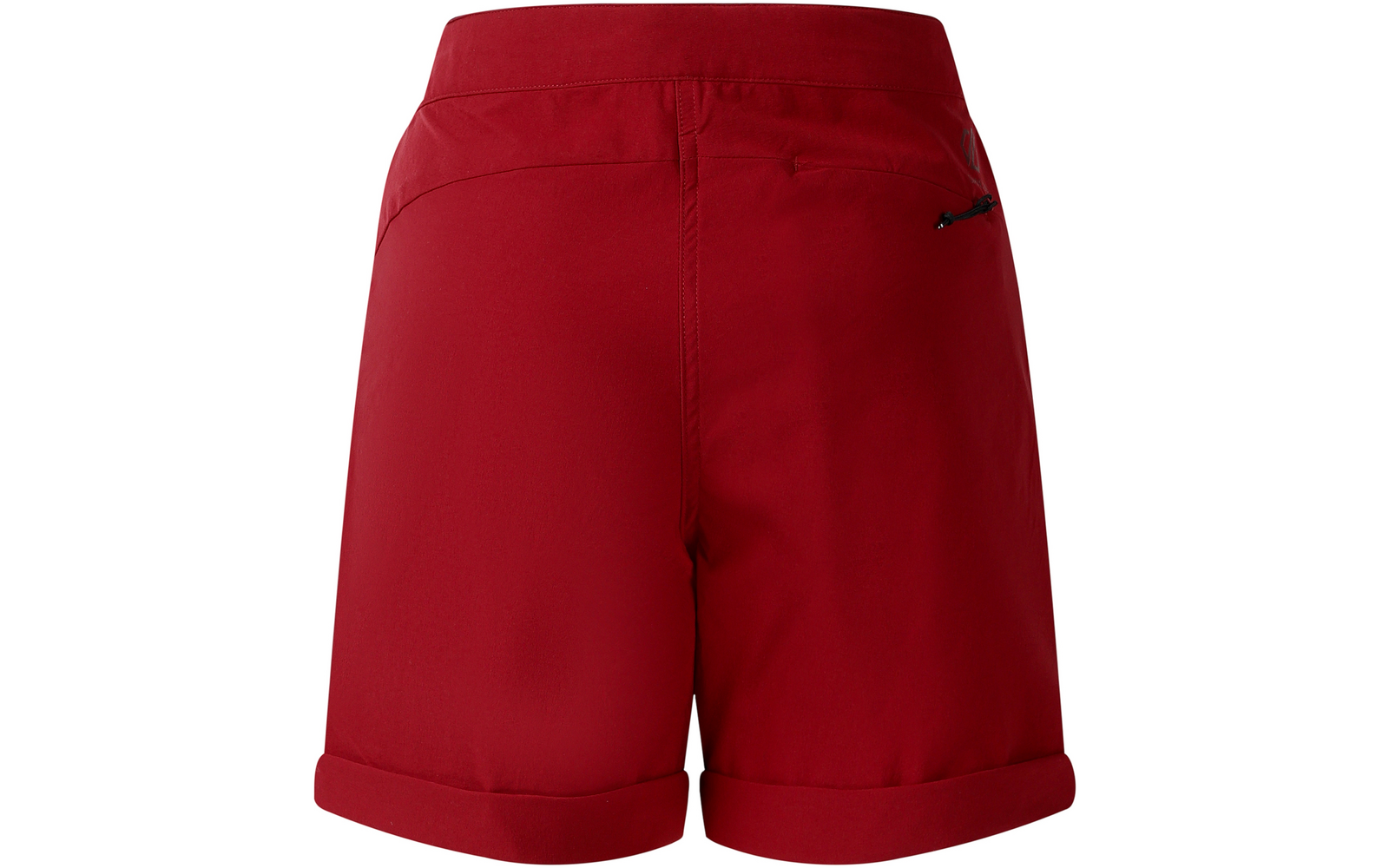 Rote Shorts, Rückansicht, umgeschlagener Saum, kleine Reißverschlusstasche hinten, breiter Taillenbund mit Naht, mittige Rückennaht