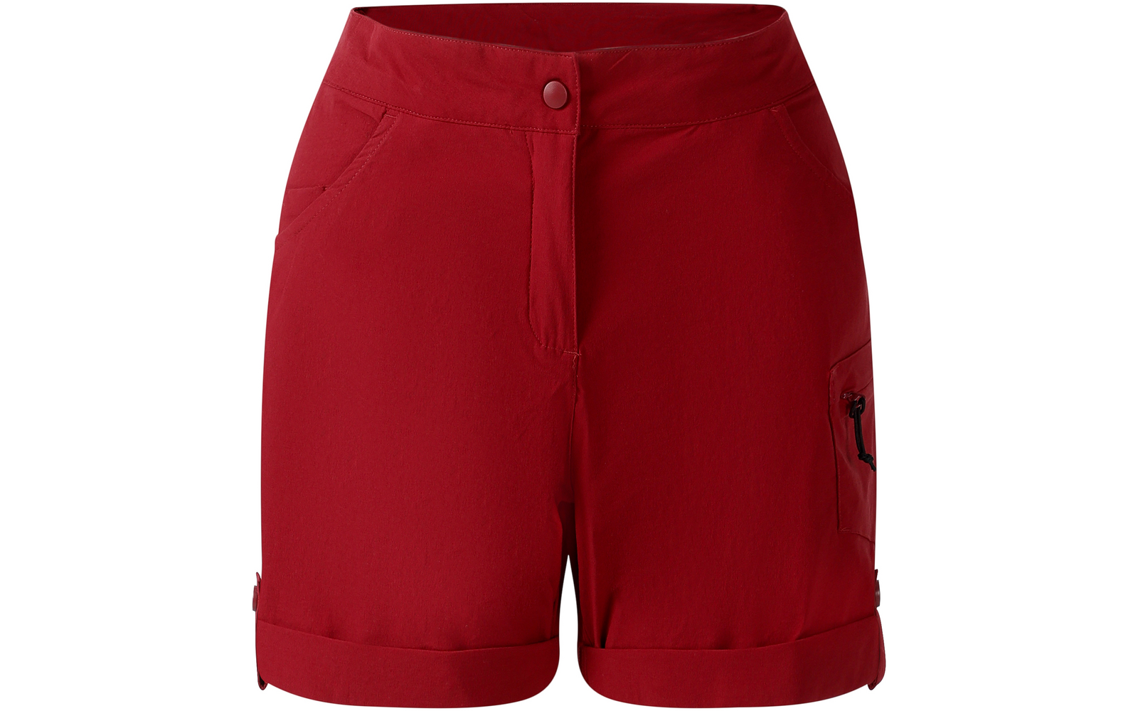 Rote kurze Shorts mit umgeschlagenen Beinsäumen, zwei vorderen Taschen, einer seitlichen Reißverschlusstasche und einem vorderen Knopf