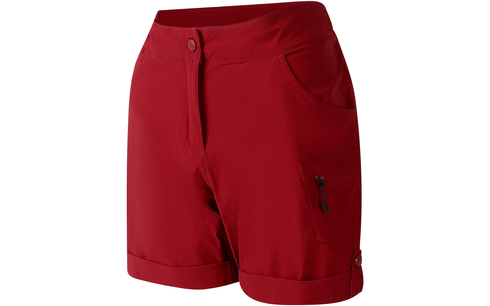 Rote kurze Hose mit umgeschlagenen Säumen, Taillenknopf und Reißverschluss, zwei Vordertaschen und seitlicher Reißverschlusstasche rechts mit Zipper