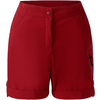 Rote kurze Shorts mit umgeschlagenen Beinsäumen, zwei vorderen Taschen, einer seitlichen Reißverschlusstasche und einem vorderen Knopf