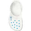 Weißer Clog von oben, Fersenriemen, vordere Löcher mit blauen Rändern, rundes Logo an der Seite