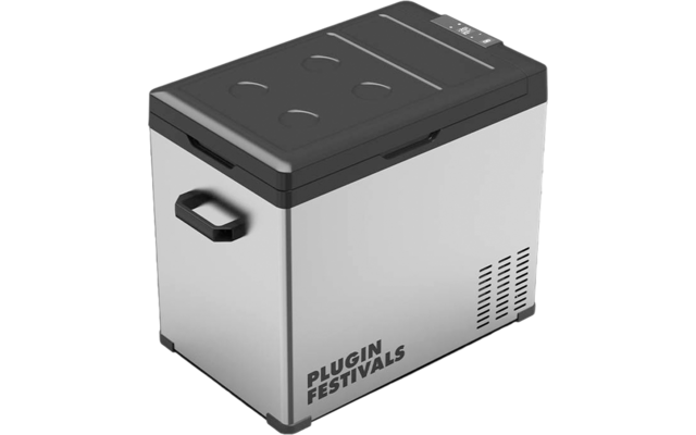 Glacière portable avec poignée et couvercle noir, comprenant deux encoches rondes et un panneau de contrôle