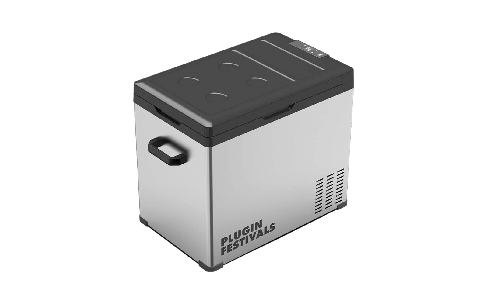 Glacière portable avec poignée et couvercle noir, comprenant deux encoches rondes et un panneau de contrôle