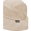 Beiger Fischerhut aus Stoff mit sichtbaren Nähten und schwarzem Etikett mit weißem Schriftzug und Pfotenlogo