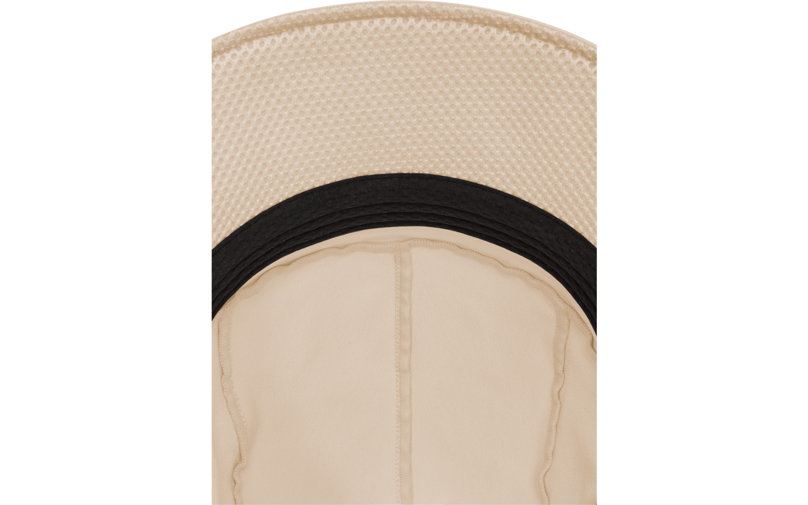 Innenansicht eines hellbeigen Huts mit schwarzem Innenband und sichtbaren Nähten