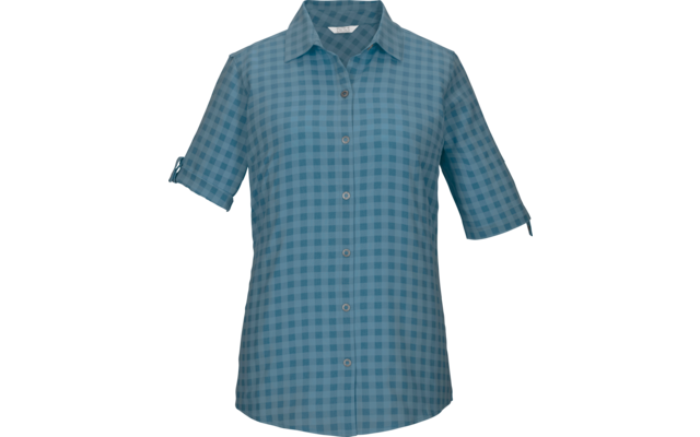 Camisa a cuadros azul con cuello, cierre de botones y mangas cortas