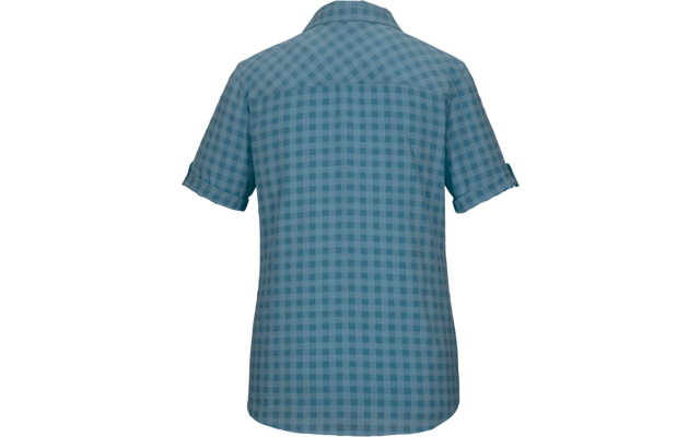 Rückansicht eines blau karierten Hemds mit Kragen und kurz aufgerollten Ärmeln