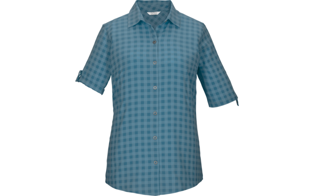 Blau kariertes Hemd mit Kragen, durchgehender Knopfleiste und kurzen Ärmeln