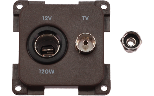 Pannello in plastica marrone con due prese: a sinistra presa rotonda 12V con le scritte '12V' e '120W', a destra presa coassiale TV con 'TV'. A destra del pannello un dado esagonale. Quattro fori di montaggio agli angoli