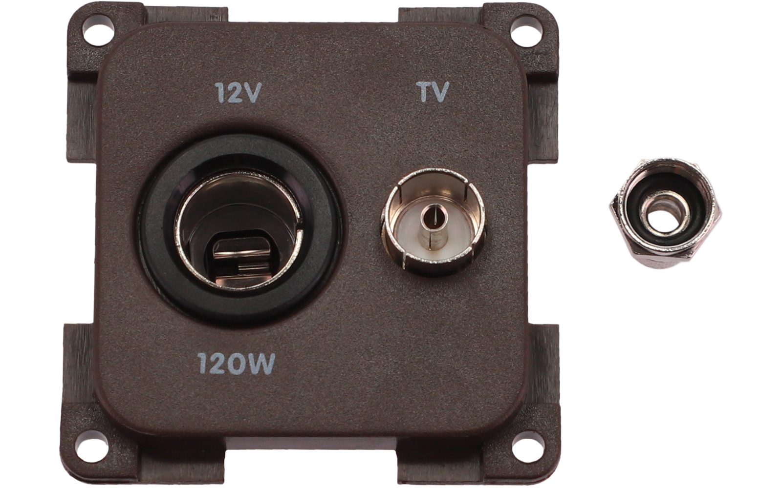 Pannello in plastica marrone con due prese: a sinistra presa rotonda 12V con le scritte '12V' e '120W', a destra presa coassiale TV con 'TV'. A destra del pannello un dado esagonale. Quattro fori di montaggio agli angoli