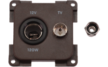 Pannello in plastica marrone con due prese: a sinistra presa rotonda 12V con le scritte '12V' e '120W', a destra presa coassiale TV con 'TV'. A destra del pannello un dado esagonale. Quattro fori di montaggio agli angoli