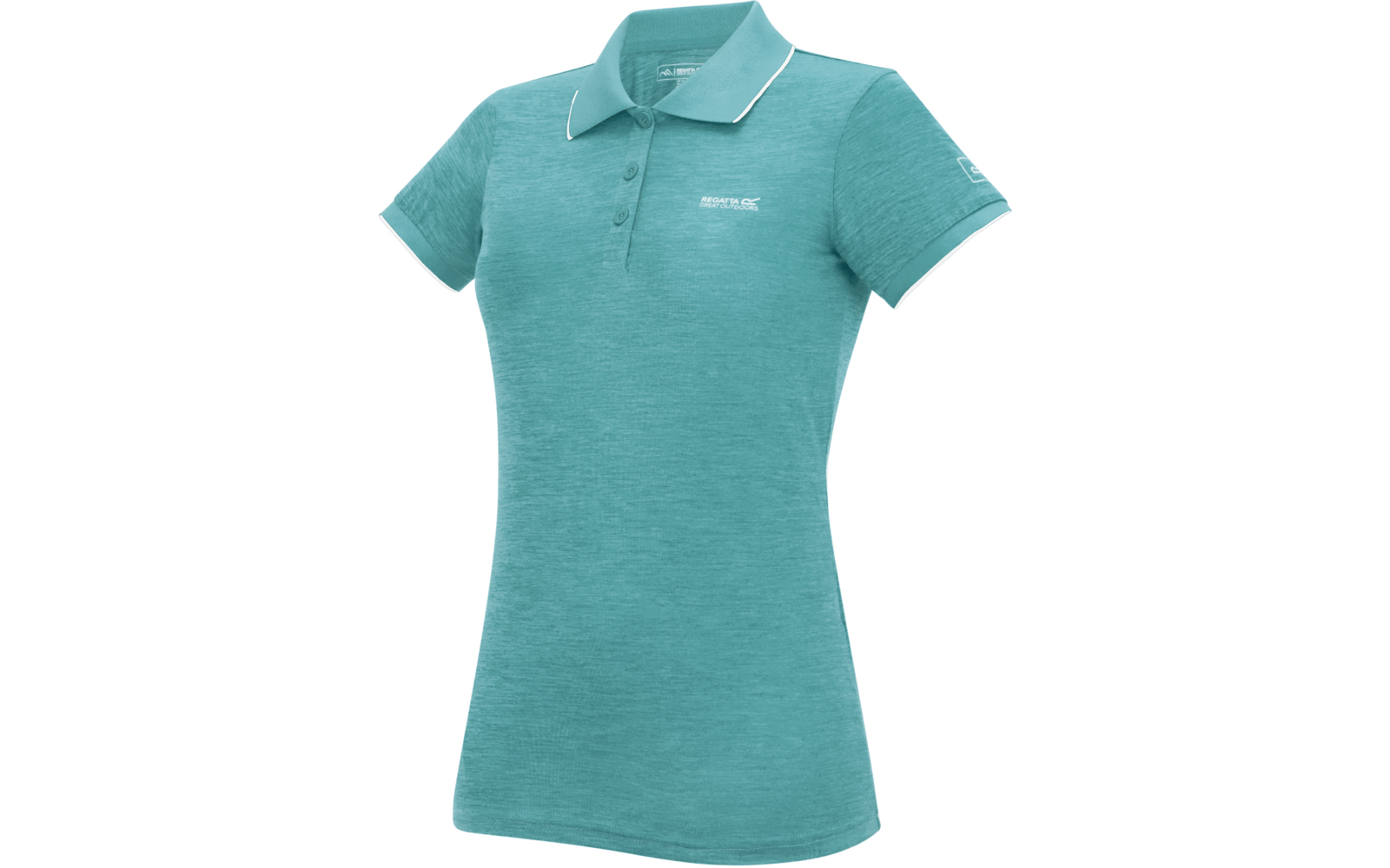 Tailliertes türkisfarbenes Poloshirt mit kurzen Ärmeln, 3‑Knopf-Leiste, weißer Paspel am Kragen und Ärmelsaum, kleines Logo auf Brust und Ärmel, weißer Hintergrund