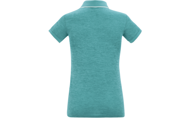 Rückansicht eines türkisfarbenen Poloshirts mit kurzen Ärmeln und weißer Kante am Kragen