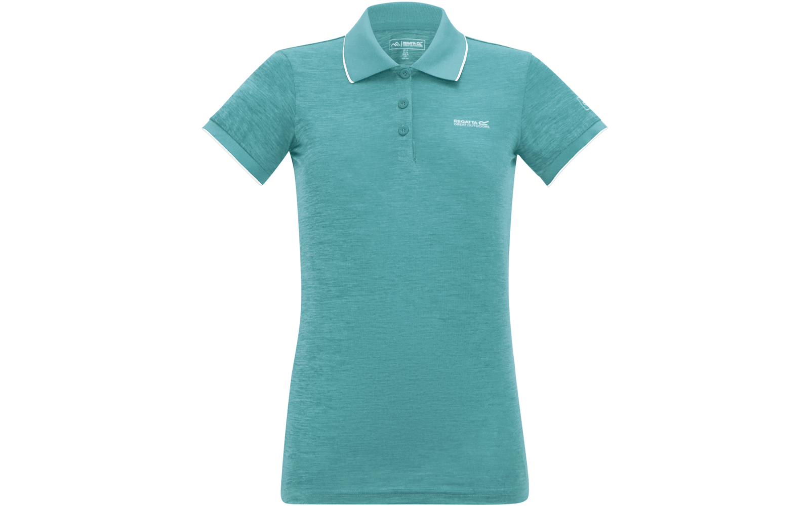 Türkisfarbenes, tailliertes Poloshirt mit kurzen Ärmeln, Dreiknopf-Leiste, weißer Paspel an Kragen und Ärmelsäumen, kleines weißes Logo links auf der Brust, vor weißem Hintergrund