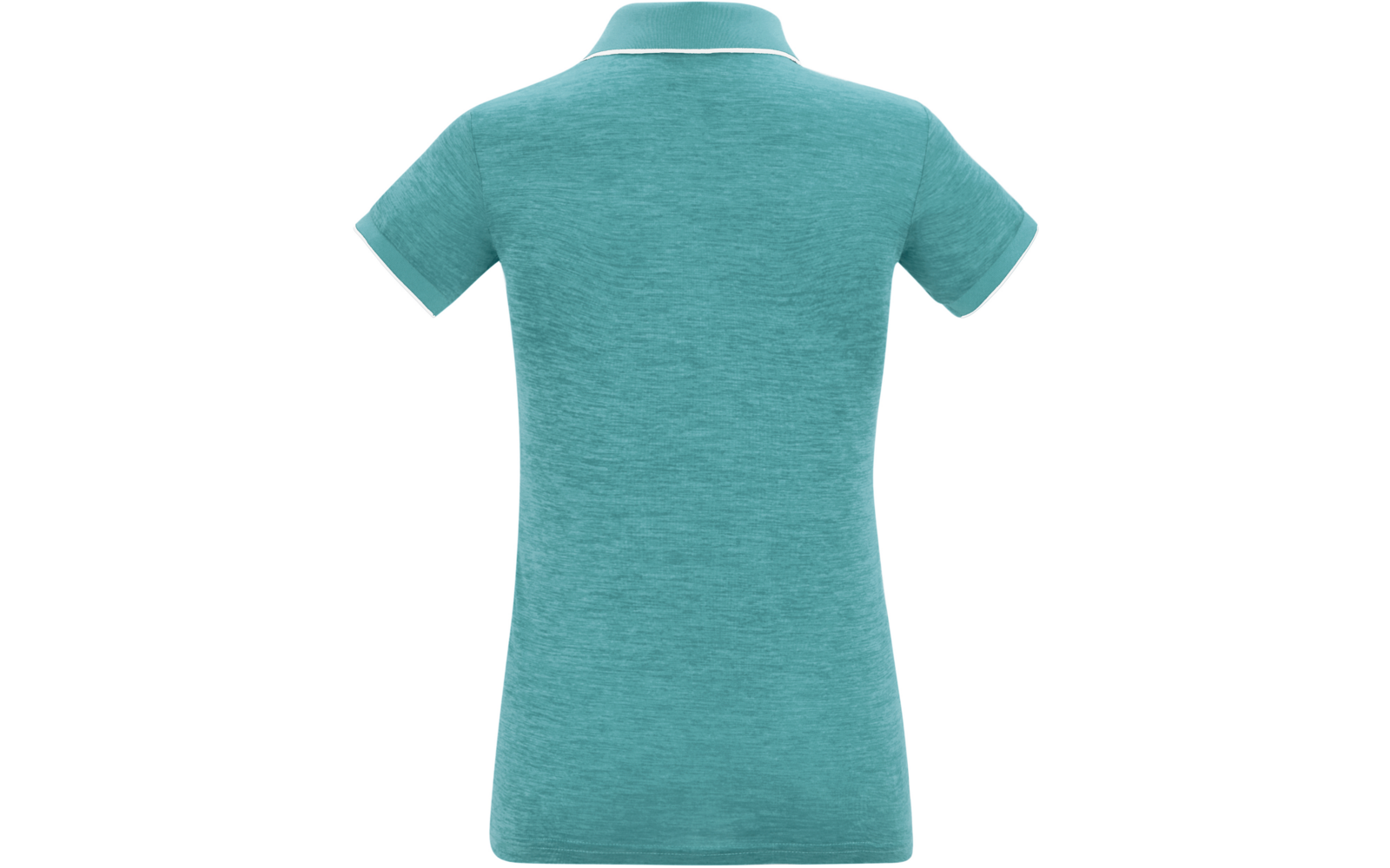 Rückansicht eines türkisfarbenen Poloshirts mit kurzen Ärmeln und weißer Kante am Kragen
