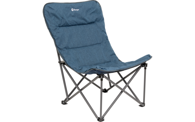 Blauer faltbarer Campingstuhl mit schwarzem Metallgestell