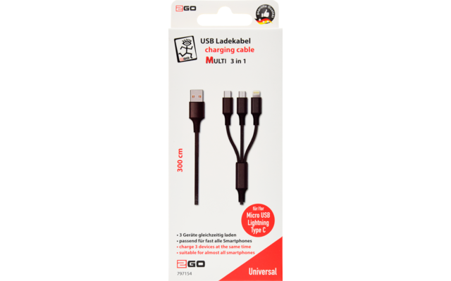 2GO USB 3 in 1 charging cable 300 cm black