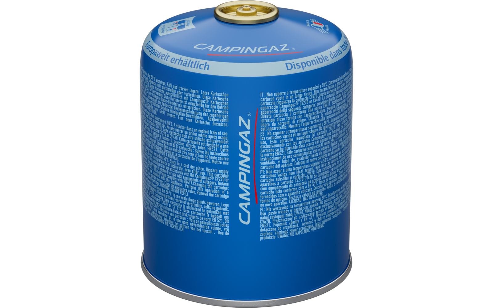 Blaue zylindrische Gaskartusche mit grünem Ventil oben, weißer vertikaler Schriftzug CAMPINGAZ, weißes Band oben mit Aufdruck BUTANE/PROPANE und kleinen weißen Textblöcken, auf weißem Hintergrund