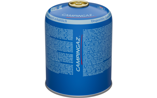 Blaue zylindrische Gaskartusche mit grünem Ventil oben, weißer vertikaler Schriftzug CAMPINGAZ, weißes Band oben mit Aufdruck BUTANE/PROPANE und kleinen weißen Textblöcken, auf weißem Hintergrund