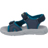 Blue sandal with two adjustable Velcro straps and gray sole, side view