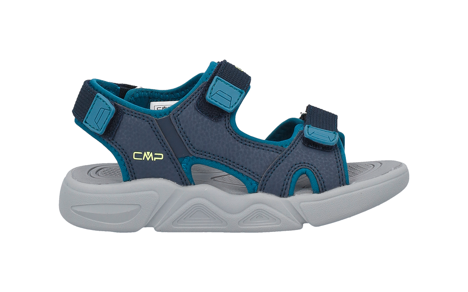 Blue sandal with two Velcro straps, grey molded sole and visible CMP logo