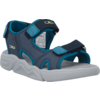 Navy blue and teal sandal with gray sole, open toe, two Velcro straps and visible care/size label inside