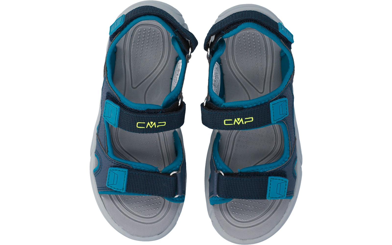 Pair of gray-blue outdoor sandals, top view; gray footbeds, dark blue and turquoise straps with Velcro closures, "CMP" printed on the straps