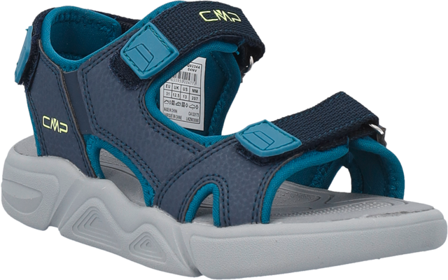 Navy blue and teal sandal with gray sole, open toe, two Velcro straps and visible care/size label inside