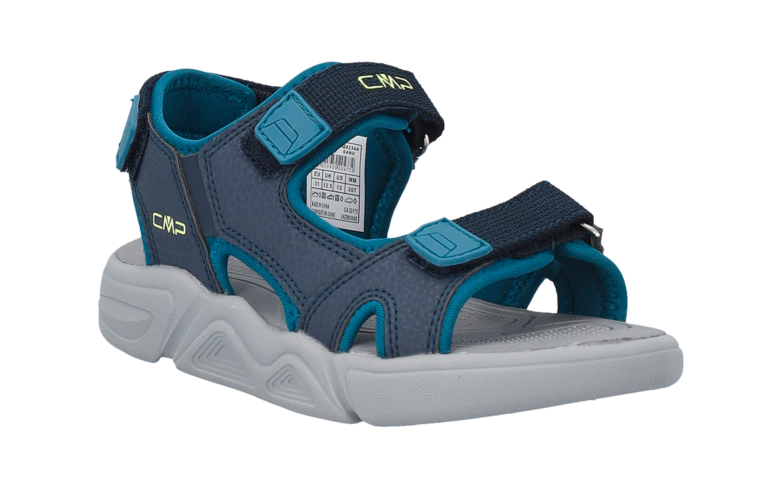 Navy blue and teal sandal with gray sole, open toe, two Velcro straps and visible care/size label inside