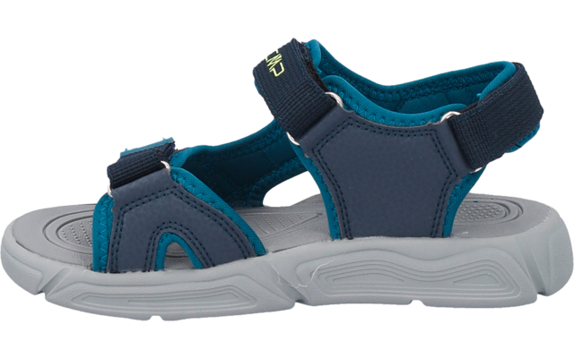 Blue sandal with two adjustable Velcro straps and gray sole, side view