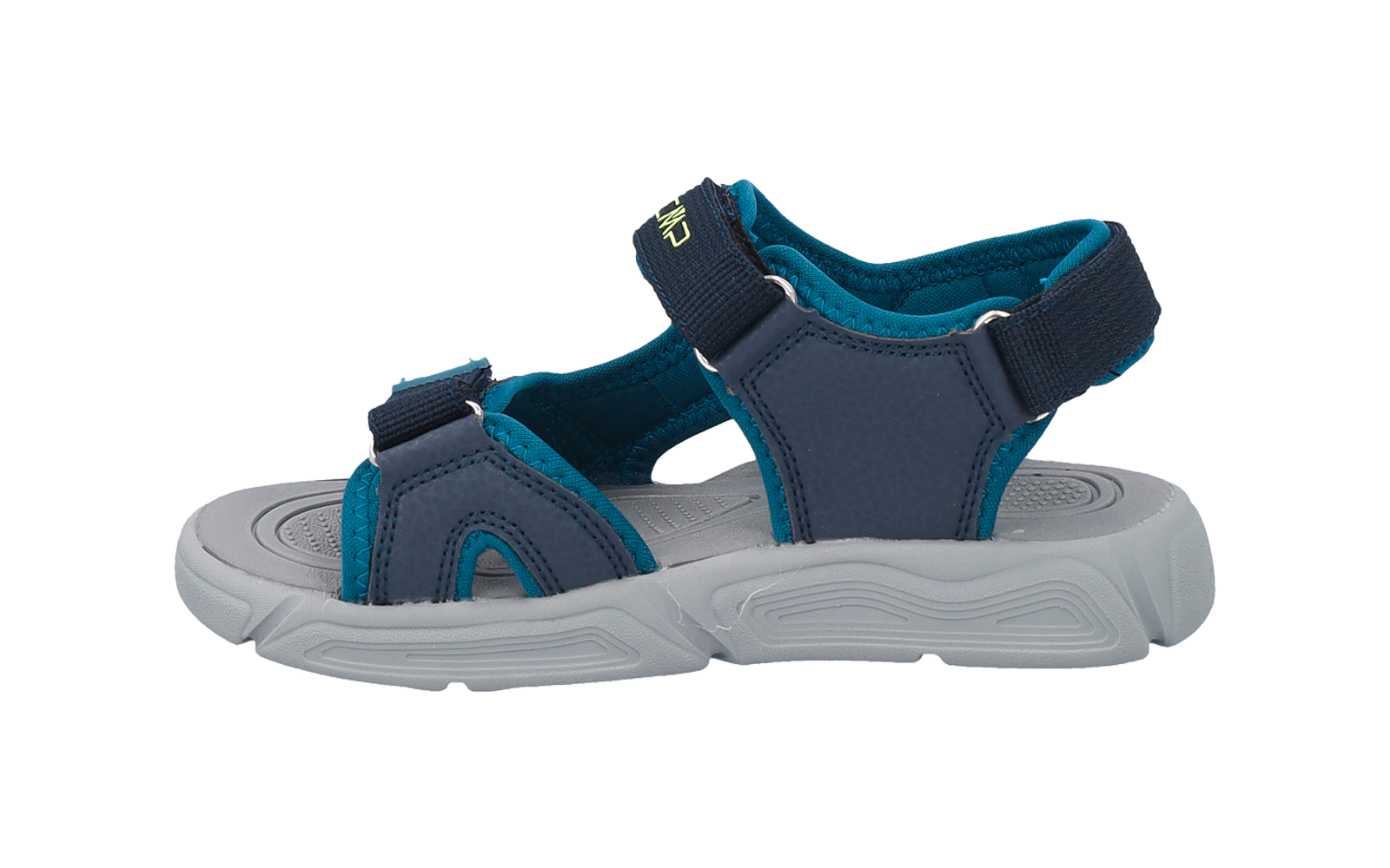 Blue sandal with two adjustable Velcro straps and gray sole, side view