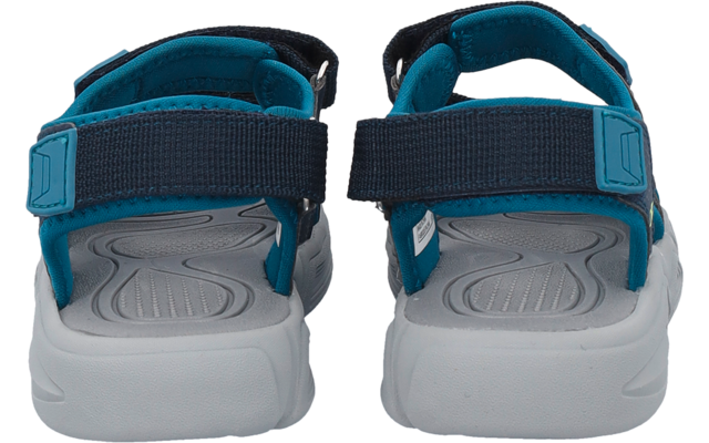 Pair of open sandals in turquoise-blue, rear view, dark blue straps, gray footbeds, white soles