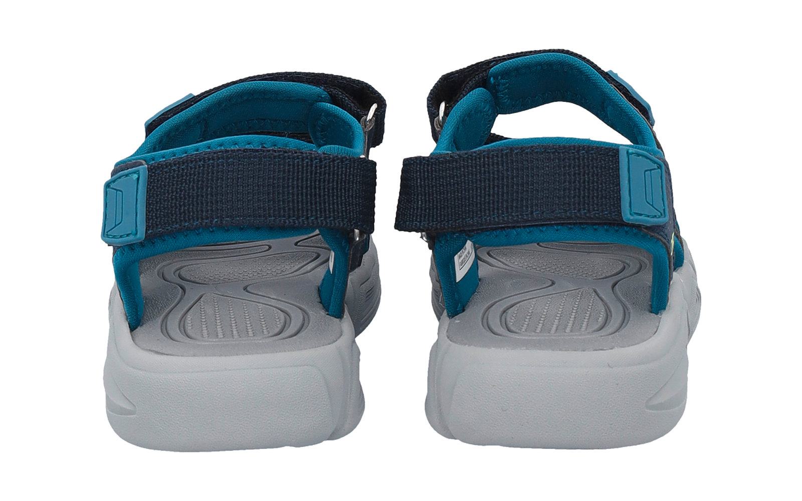 Pair of open sandals in turquoise-blue, rear view, dark blue straps, gray footbeds, white soles