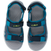 Pair of gray-blue outdoor sandals, top view; gray footbeds, dark blue and turquoise straps with Velcro closures, "CMP" printed on the straps