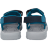 Pair of open sandals in turquoise-blue, rear view, dark blue straps, gray footbeds, white soles