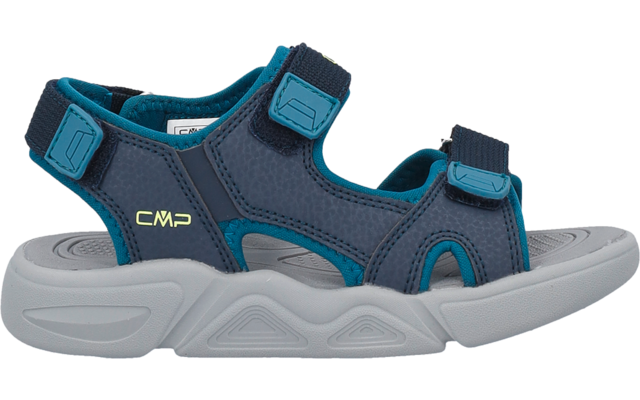 Blue sandal with two Velcro straps, grey molded sole and visible CMP logo