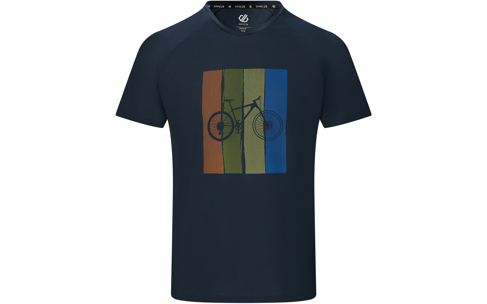 Dunkelblaues T-Shirt, kurzärmelig, Rundhals. Auf der Brust vier vertikale Streifen (orange, hellgrün, oliv, blau) mit schwarzer Fahrrad-Silhouette