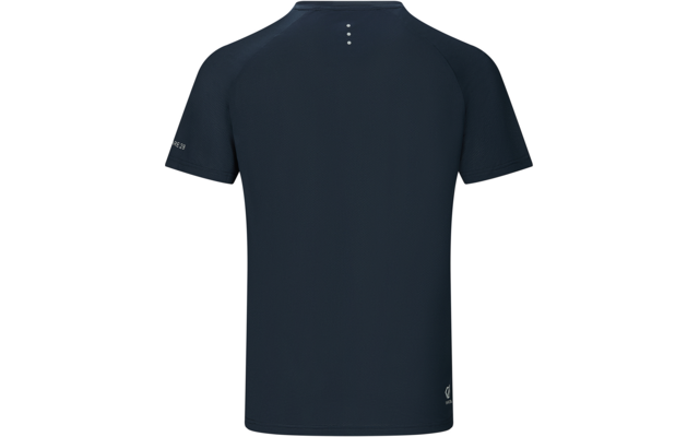 Rückansicht eines dunkelblauen kurzärmeligen T‑Shirts auf weißem Hintergrund; drei kleine reflektierende Punkte oben am Rücken, kleines Logo am unteren rechten Saum und auf dem linken Ärmel