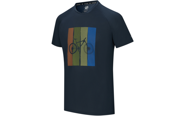 Dunkelblaues kurzärmeliges T‑Shirt mit mittigem Druck eines Fahrrads auf vier vertikalen Farbstreifen (orange, olivgrün, hellgrün, blau)