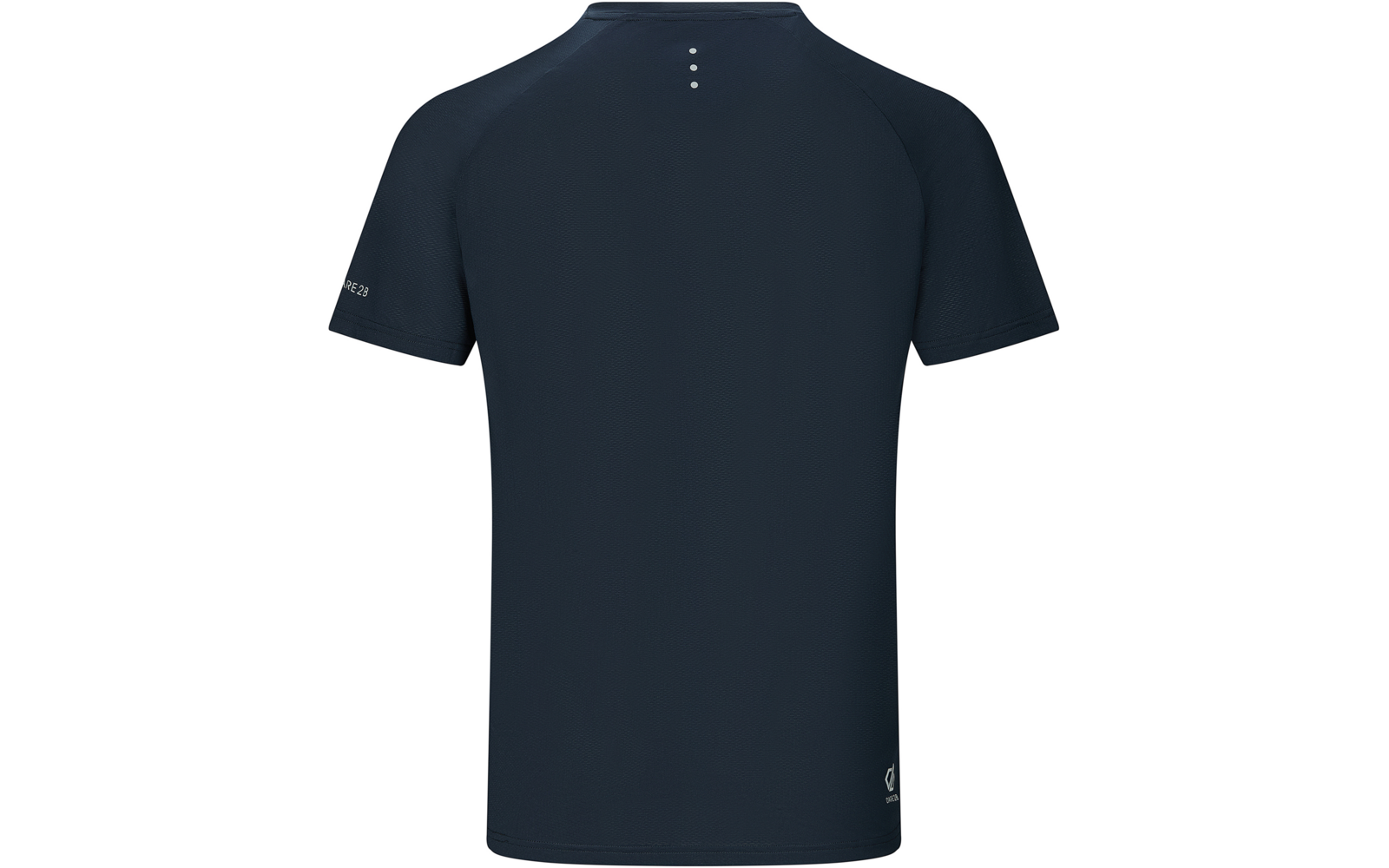 Rückansicht eines dunkelblauen kurzärmligen T‑Shirts, drei kleine helle Punkte am oberen Rücken, kleines Logo am linken Ärmel und am unteren rechten Saum