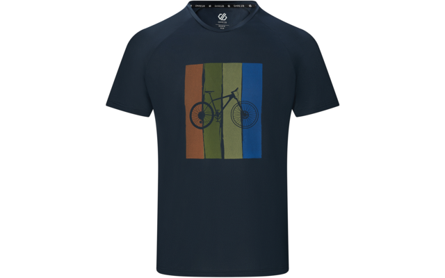 Dunkles T‑Shirt mit kurzen Ärmeln und Rundhals, auf der Vorderseite drei vertikale Farbstreifen (braun, olivgrün, blau) mit schwarzer Fahrrad‑Silhouette