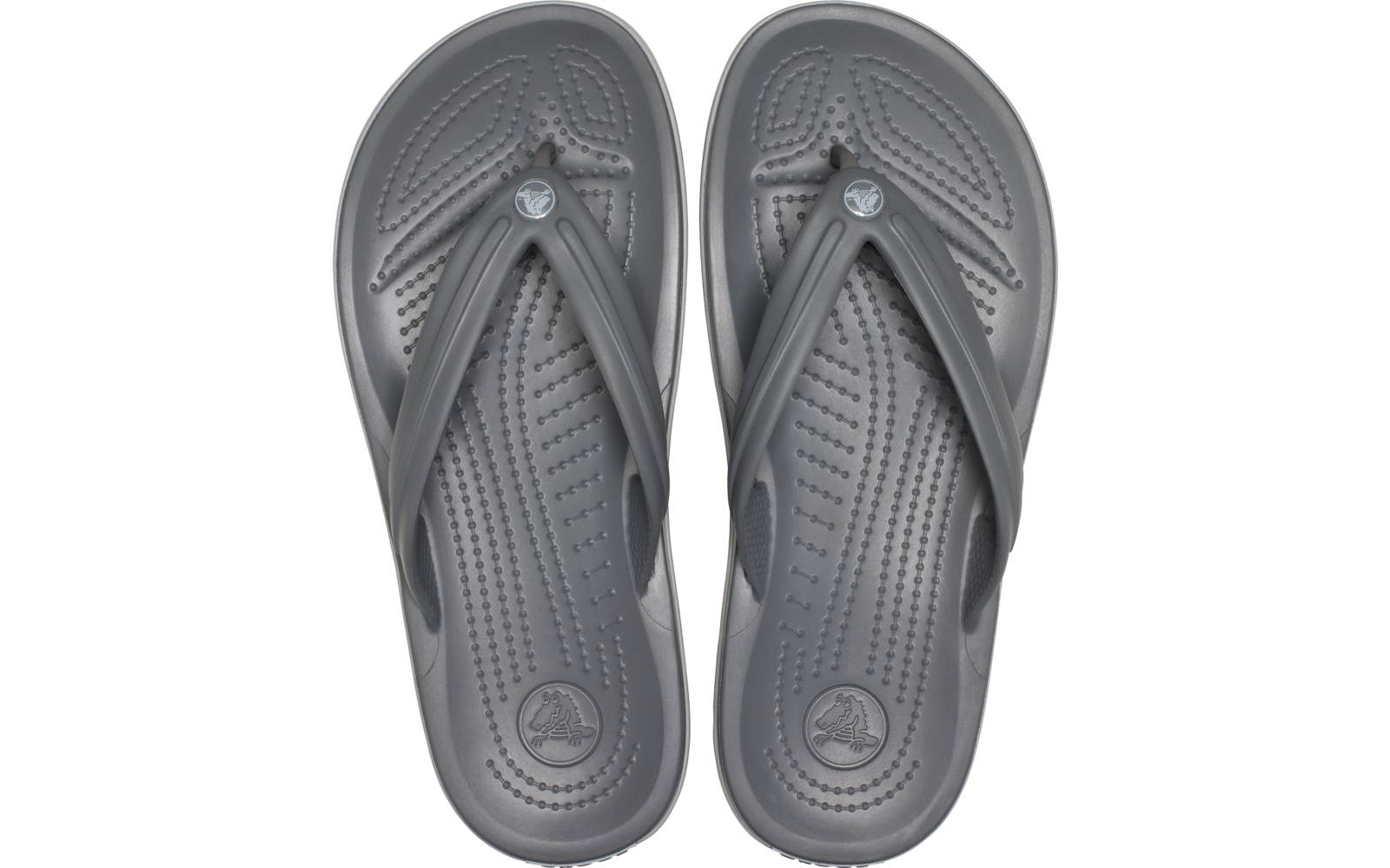 Zwei graue Flip-Flops nebeneinander, Draufsicht, strukturierte Fußbetten und Y-förmige Riemen