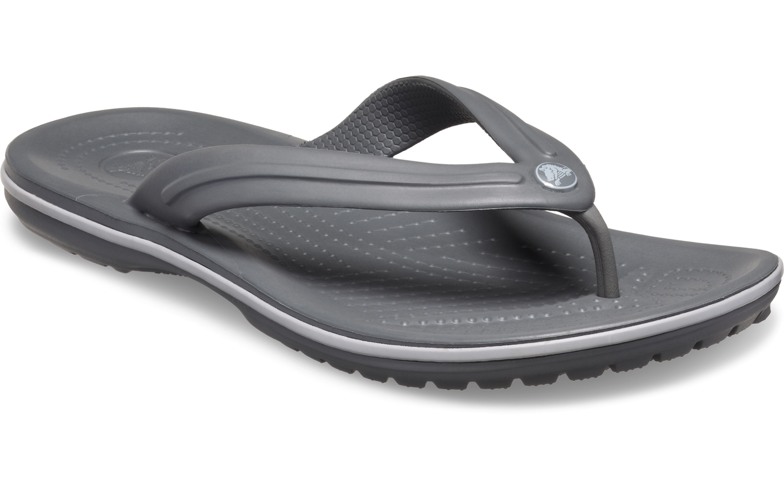 Grauer Flip‑Flop mit Zehensteg, strukturierter Fußfläche und profilierter Gummisohle auf weißem Hintergrund