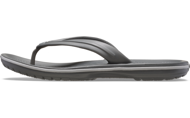 Graue Flip‑Flop‑Zehensandale, Seitenansicht auf weißem Hintergrund